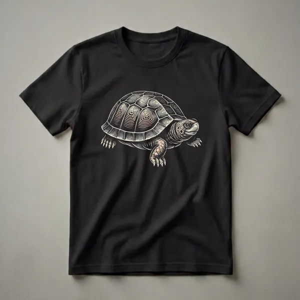 Black t-shirt featuring a vintage-style illustration of a tortoise with detailed shell patterns and scaly skin, rendered in shades of cream, grey, and light brown.