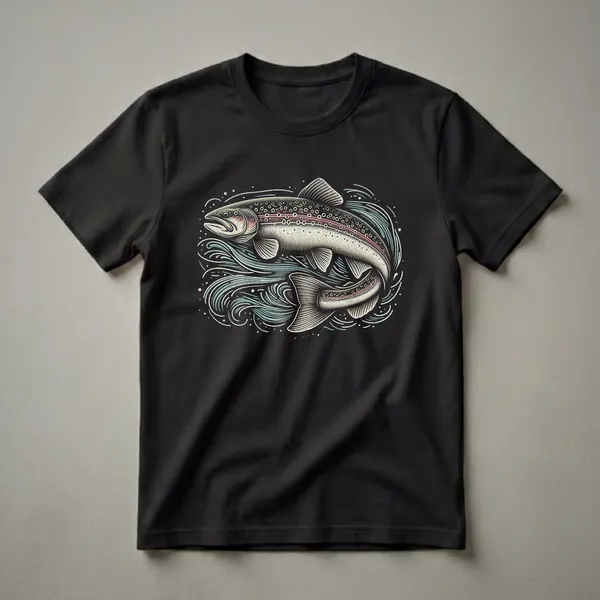 Black t-shirt with a graphic art design of a brook trout swimming in stylized blue and white water currents, with small white bubbles.