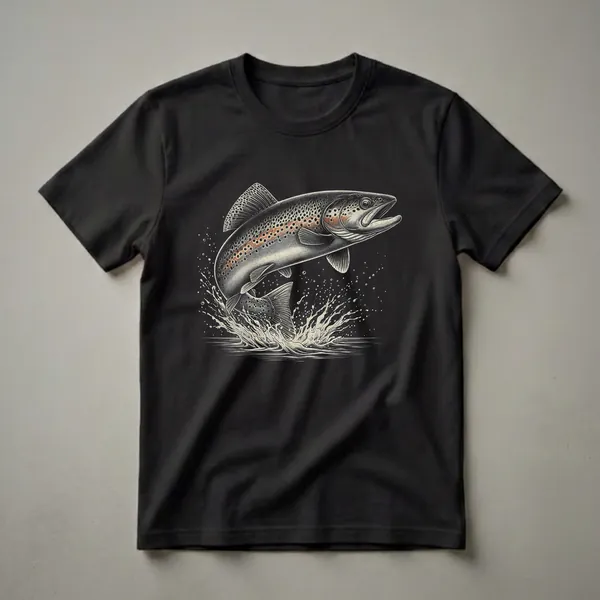 Black t-shirt featuring a detailed vintage illustration of a brook trout leaping from water with splashes and bubbles.