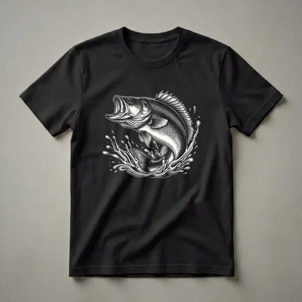 Black and white graphic t-shirt featuring a largemouth bass jumping out of water with splashes, designed for fishermen.