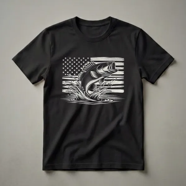 Black and white graphic t-shirt featuring a largemouth bass leaping from water in front of a distressed American flag.