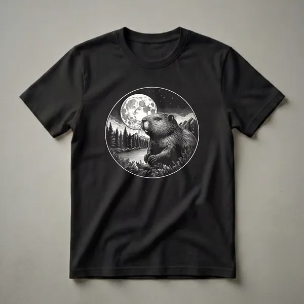 Black and white graphic t-shirt featuring a beaver in a natural landscape with a full moon, pine trees, a lake, and mountains, rendered in a woodcut style.