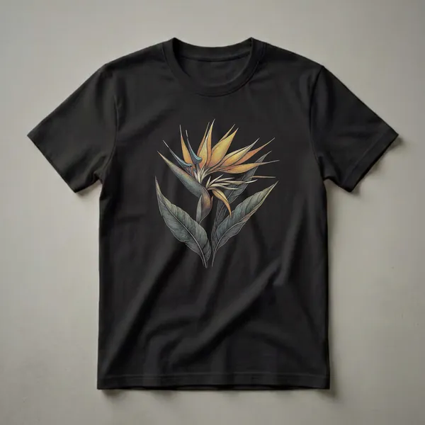Black t-shirt with a detailed illustration of a Bird of Paradise flower in yellow, blue, and green hues, set against a black background.