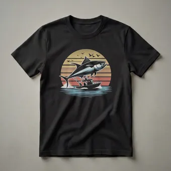 Retro Tuna Fishing Boat Sunset Graphic T-Shirt for Anglers