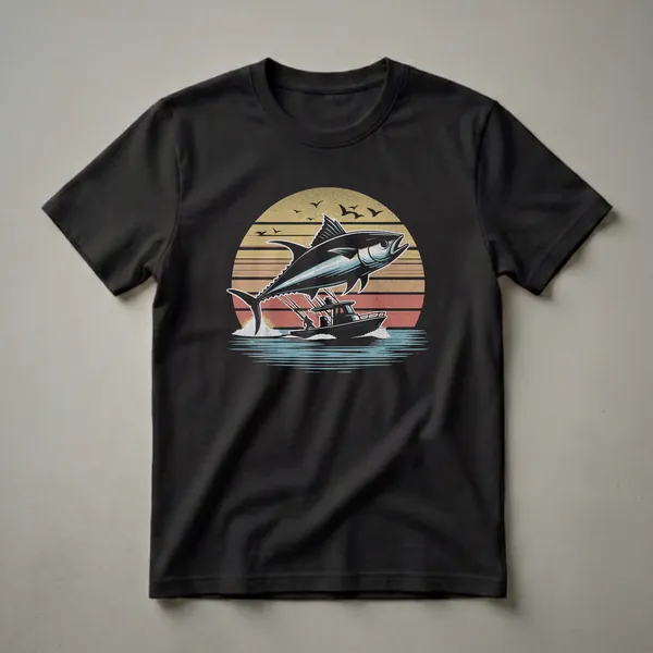 Black t-shirt featuring a retro graphic of a leaping tuna fish above a fishing boat with fishing rods, set against a striped sunset with birds in the sky.