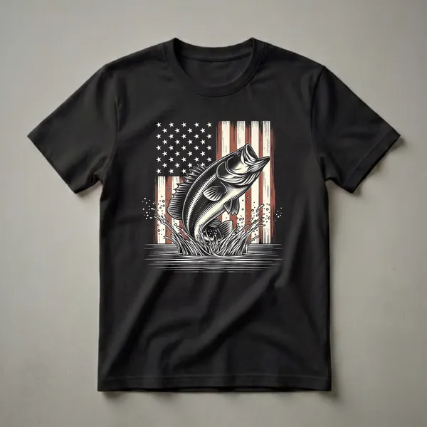 Black graphic t-shirt featuring a largemouth bass leaping from water in front of a distressed American flag with red, white, and black colors.