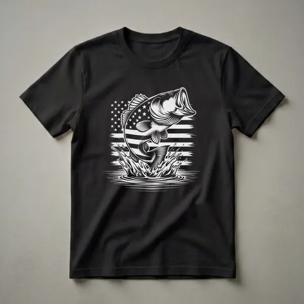 Black and white graphic t-shirt featuring a largemouth bass leaping from water with a distressed American flag design in the background.