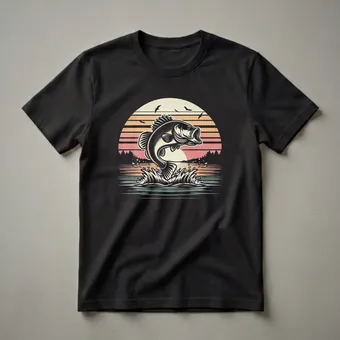 Retro Bass Fishing Sunset Graphic T-Shirt for Anglers