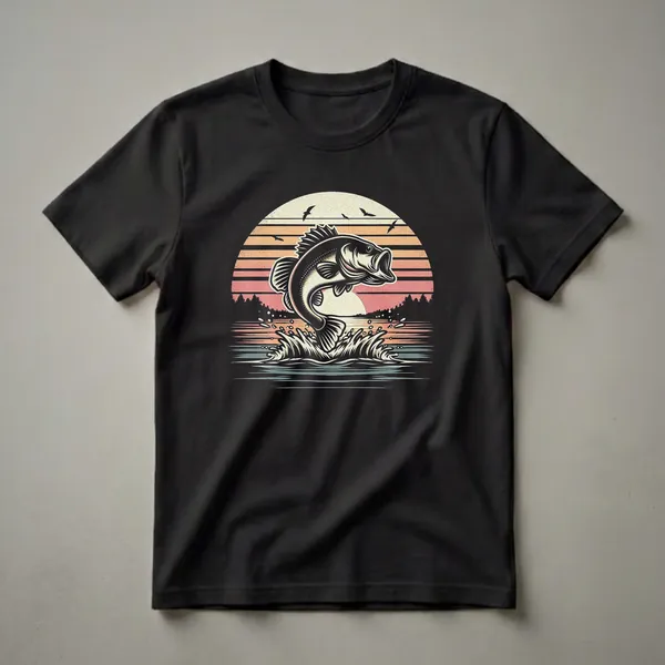 Black t-shirt featuring a retro graphic of a largemouth bass jumping from water with a striped sunset, silhouetted trees, and birds in the sky.