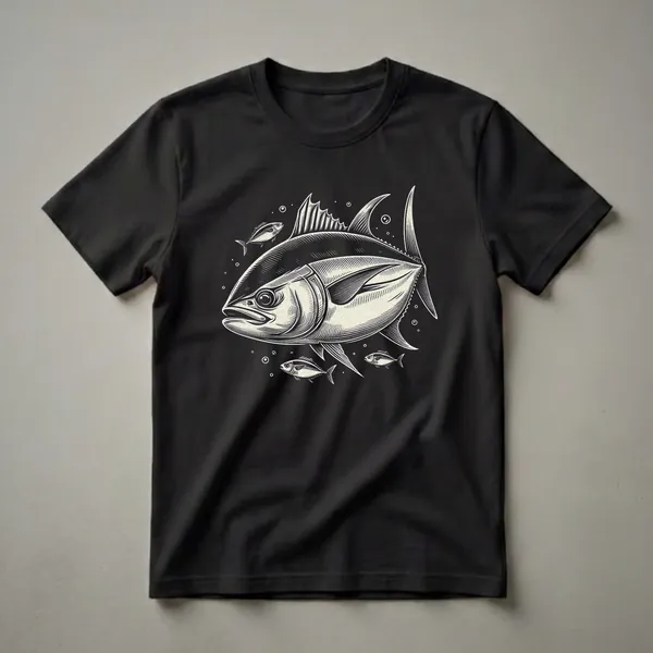 Black t-shirt with a white linocut-style graphic of a large bluefin tuna swimming with smaller fish and bubbles.