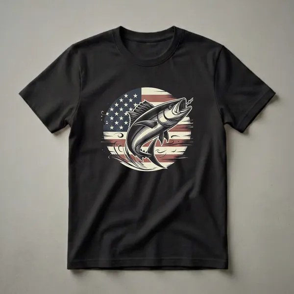 Black graphic t-shirt with a leaping tuna fish design superimposed on a distressed American flag.
