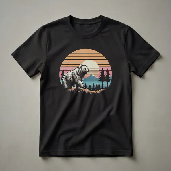 A graphic t-shirt featuring a retro sunset scene with a bear in the foreground, silhouetted pine trees, mountains, and a lake.