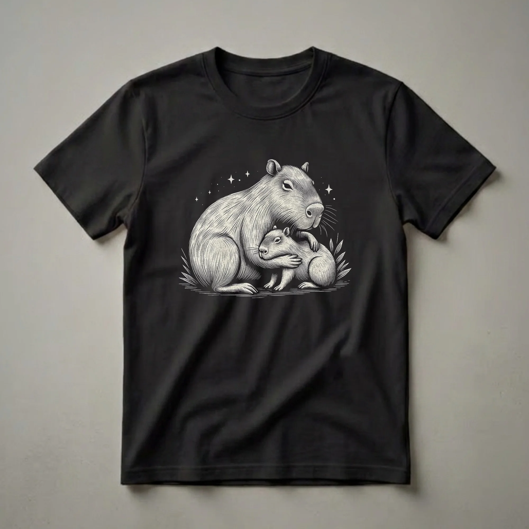 Black t-shirt featuring a scratchboard illustration of a capybara mom hugging her baby, with stars in the background.