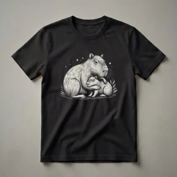 Black t-shirt featuring a scratchboard illustration of a capybara mom hugging her baby, with stars in the background.