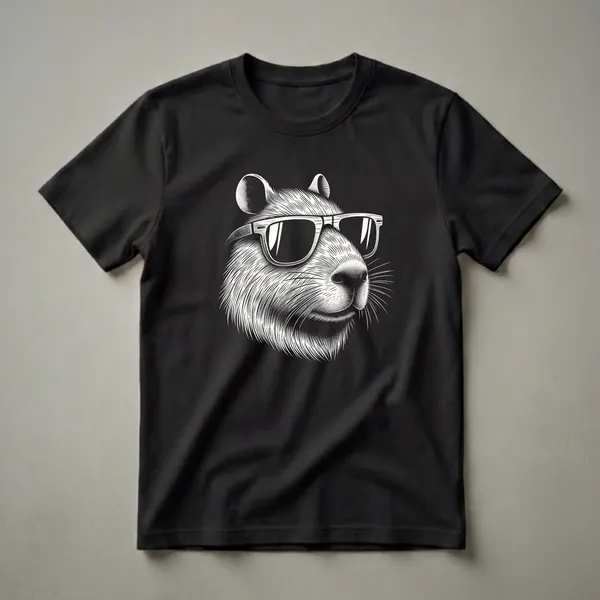 Black and white graphic t-shirt featuring a capybara wearing sunglasses in a woodcut art style.
