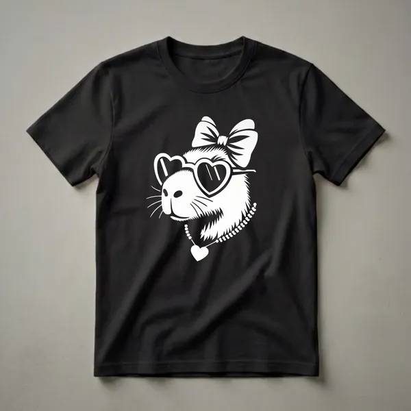 White graphic of a capybara wearing heart-shaped sunglasses, a large bow on its head, and a pearl necklace with a heart pendant, set against a black background.