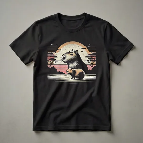 Black graphic t-shirt featuring a retro sunset scene with two capybaras, stylized trees, mountains, and birds.