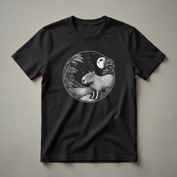 Black t-shirt with a white scratchboard art design depicting a capybara standing by water under a starry night sky with a moon and palm trees.