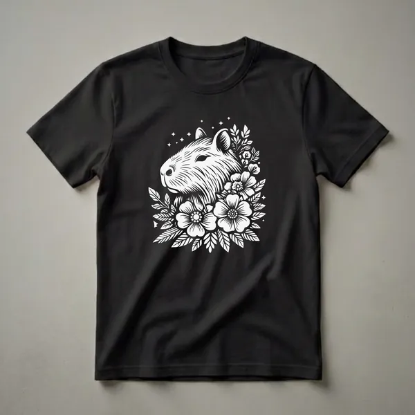 White line art illustration of a capybara's head adorned with flowers and stars, printed on a black t-shirt.