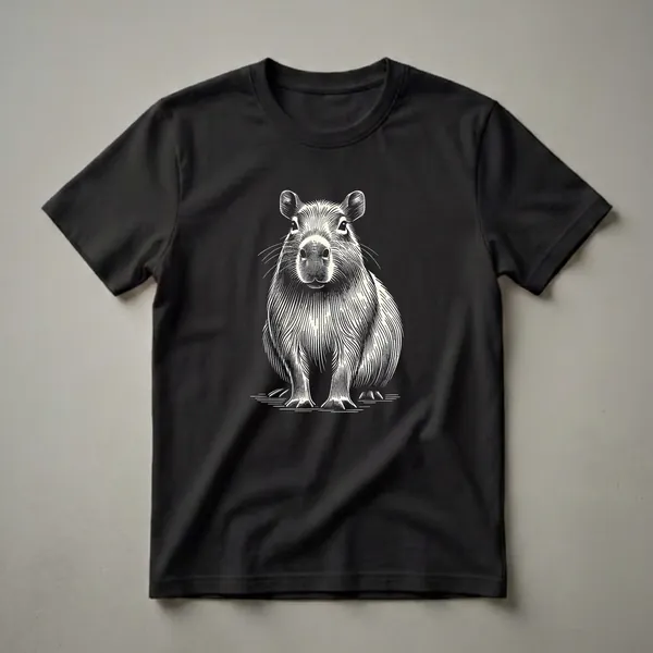Black t-shirt with a cream-colored line art illustration of a capybara facing forward, detailed with fine lines.