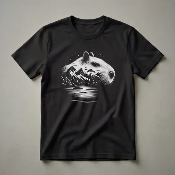 Black t-shirt with a white graphic design of a capybara's head superimposed over a mountain range and lake scene under a starry night sky.