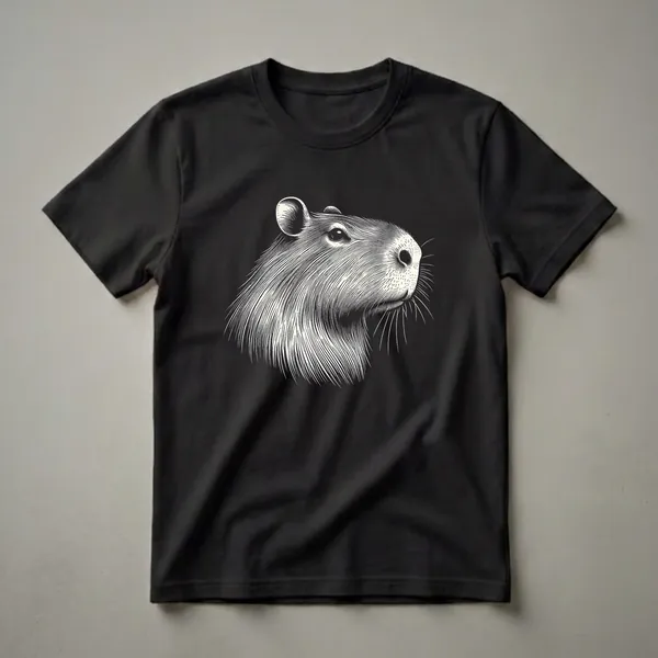 Black and white line art graphic of a capybara's head in profile, set against a black background, on a t-shirt.