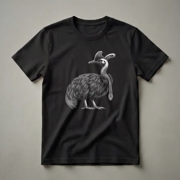Black and white scratchboard graphic t-shirt featuring a detailed illustration of a cassowary bird with its distinctive casque and long neck.