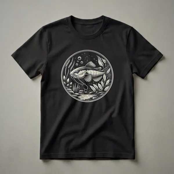 A cream-colored graphic t-shirt featuring a black and white linocut illustration of a catfish swimming in an underwater scene with plants and bubbles, enclosed in a circle.