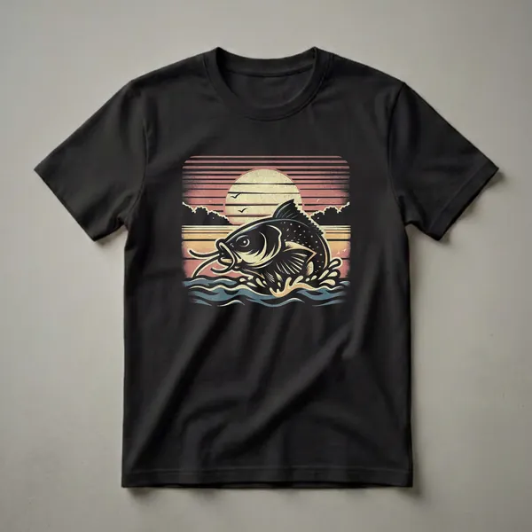 Black t-shirt featuring a retro sunset graphic with a stylized catfish leaping from water, silhouetted birds, and horizontal stripes in pink, orange, and yellow.