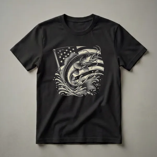 Black t-shirt with a cream engraving-style catfish leaping from splashing water in front of a weathered American flag on a pole.