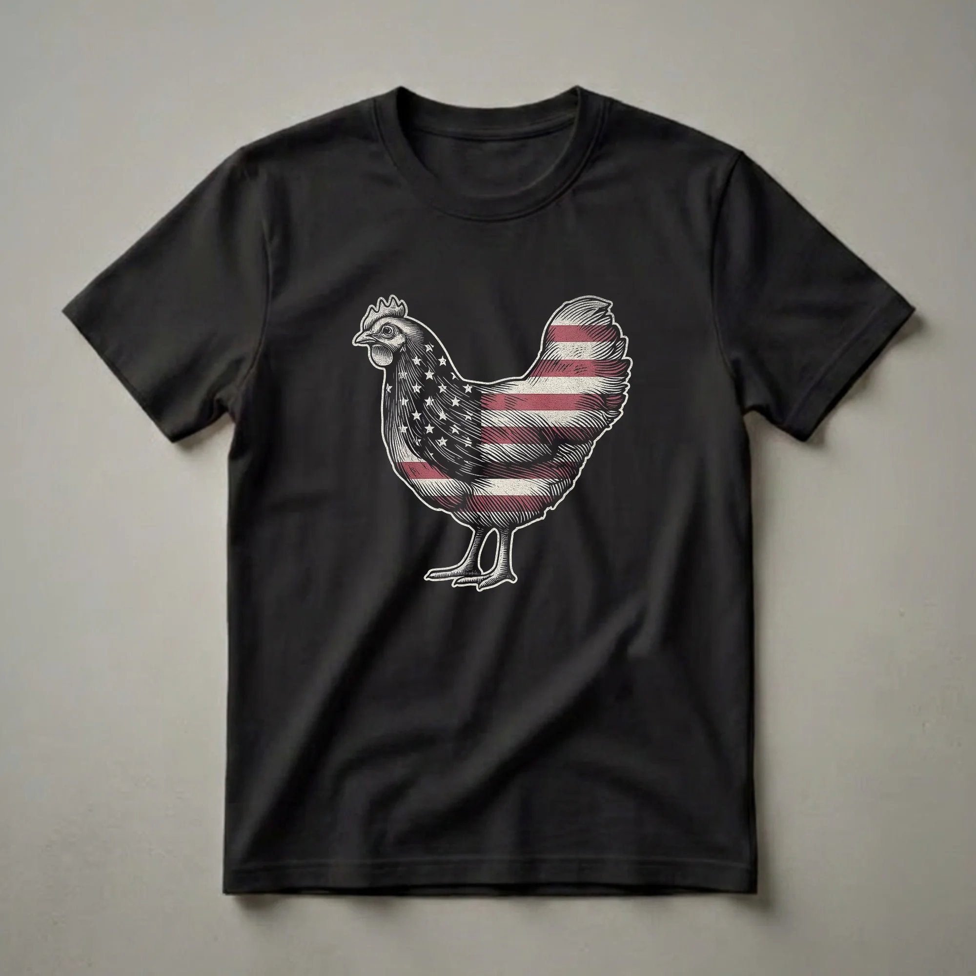 Black t-shirt featuring a vintage-style illustration of a chicken with the American flag design on its body, including stars and stripes.