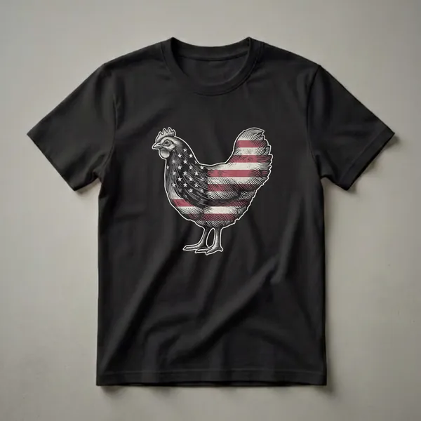 Black t-shirt featuring a vintage-style illustration of a chicken with the American flag design on its body, including stars and stripes.