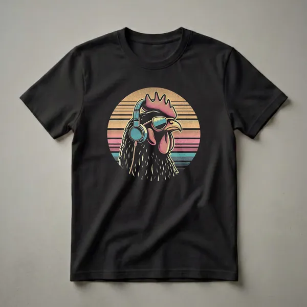 Black t-shirt featuring a graphic of a rooster's head wearing blue headphones and sunglasses against a retro sunset with orange, pink, and teal stripes.