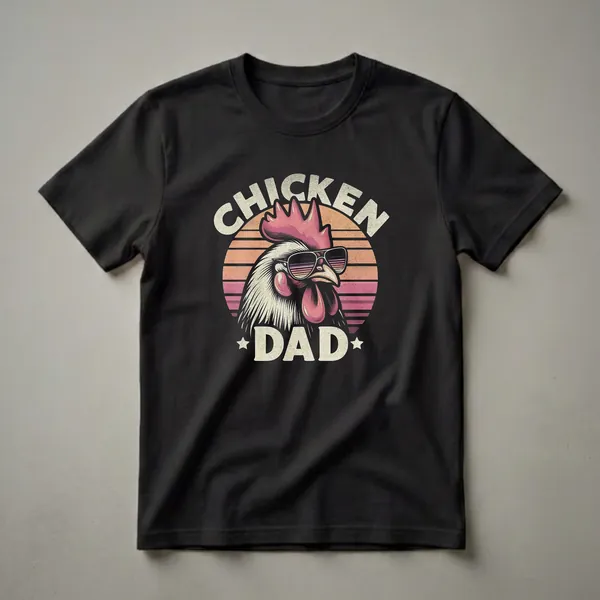 Black t-shirt featuring a retro graphic of a rooster wearing sunglasses against a sunset background, with the text 'CHICKEN DAD'.