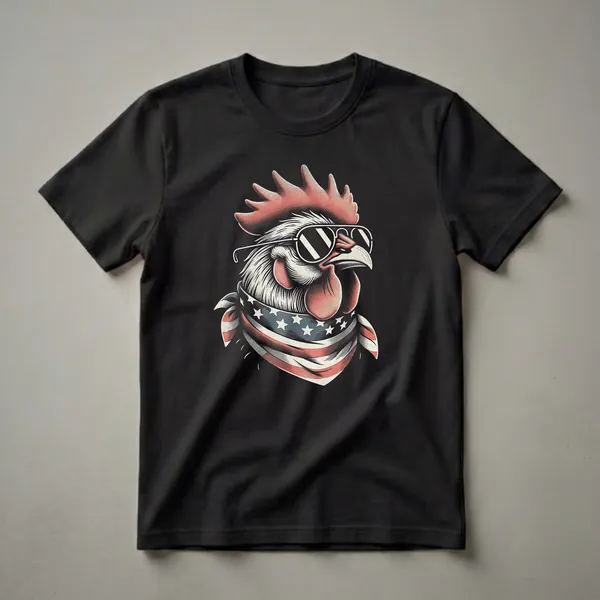 Black t-shirt featuring a graphic of a rooster wearing sunglasses and an American flag bandana, rendered in a vintage, textured style with red, white, and blue colors.