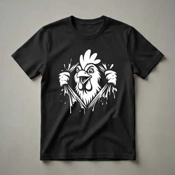 White graphic of a cartoon chicken's head with a wide beak and eyes, tearing through a black background with white paint splatters and streaks.