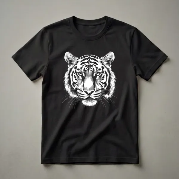 Black and white line art illustration of a tiger's face, featuring its intense eyes, striped forehead, and prominent whiskers, on a black background.