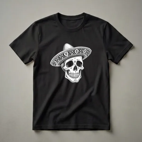 Black and white graphic t-shirt design featuring a detailed skull wearing a sombrero with intricate patterns.