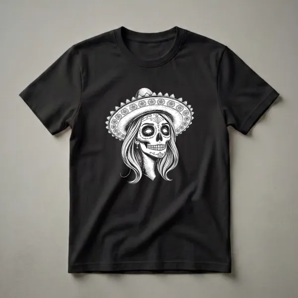 Black and white graphic t-shirt featuring a sugar skull wearing a sombrero with floral designs, long flowing hair, and ornate facial details.