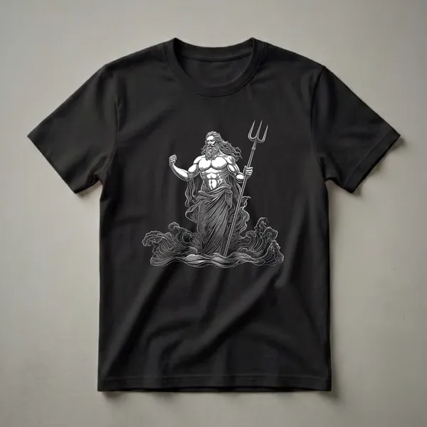 Black t-shirt with a white woodcut-style illustration of Poseidon, the Greek god of the sea, standing in waves and holding a trident.