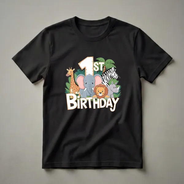 Black t-shirt featuring a cartoon illustration of a giraffe, elephant, lion, zebra, and rhino with green jungle leaves and the text '1st Birthday'.