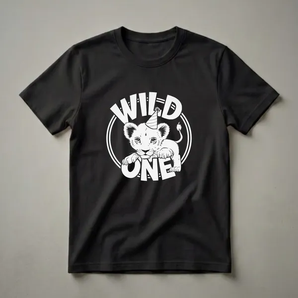 White graphic t-shirt featuring a black outline of a lion cub wearing a party hat and the words 'WILD ONE' in bold white lettering, designed for a first birthday celebration.