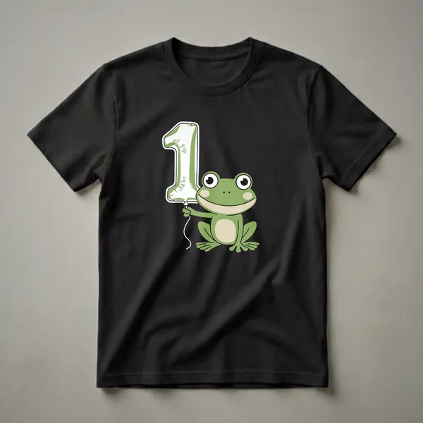 Green cartoon frog holding a white balloon shaped like the number 1, on a black background, suitable for a 1st birthday shirt.