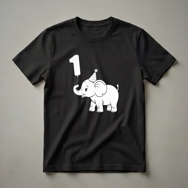 White graphic of a cartoon elephant wearing a party hat and holding a balloon shaped like the number 1, on a black background.