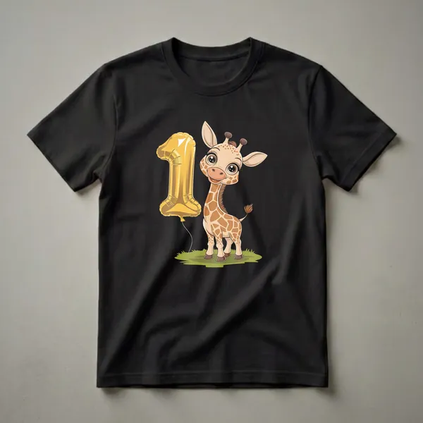 White t-shirt featuring a cartoon giraffe standing next to a golden balloon shaped like the number one, on a patch of grass.