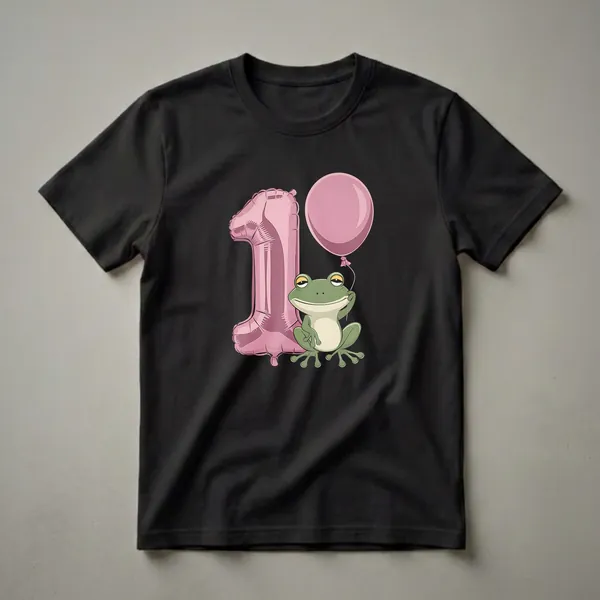 Green cartoon frog holding a pink balloon next to a large pink number '1' balloon, on a black background.