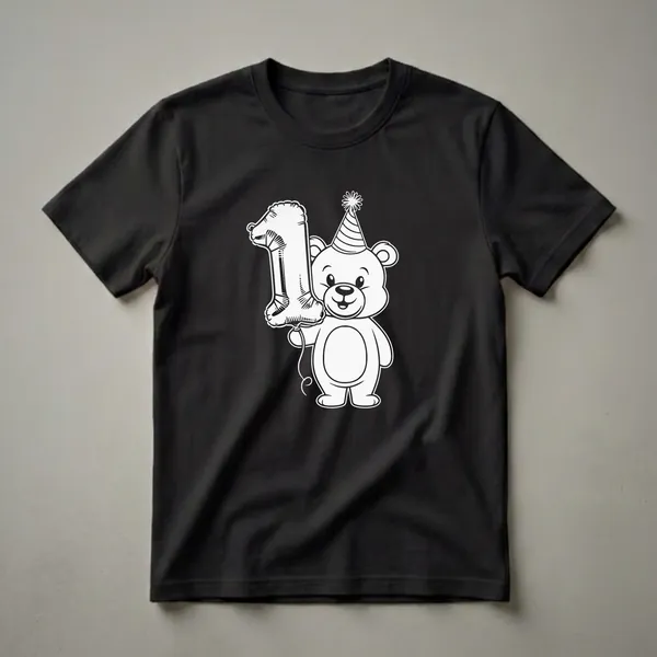 White graphic on a black t-shirt showing a cartoon bear wearing a party hat and holding a balloon shaped like the number one.