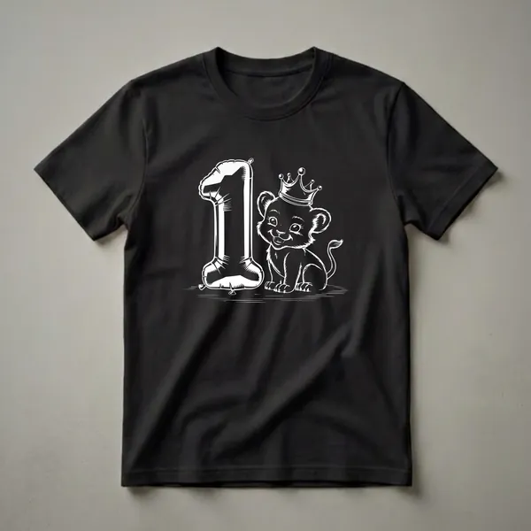 White line art on a black background shows a baby lion wearing a crown and a large number '1' balloon, celebrating a first birthday.