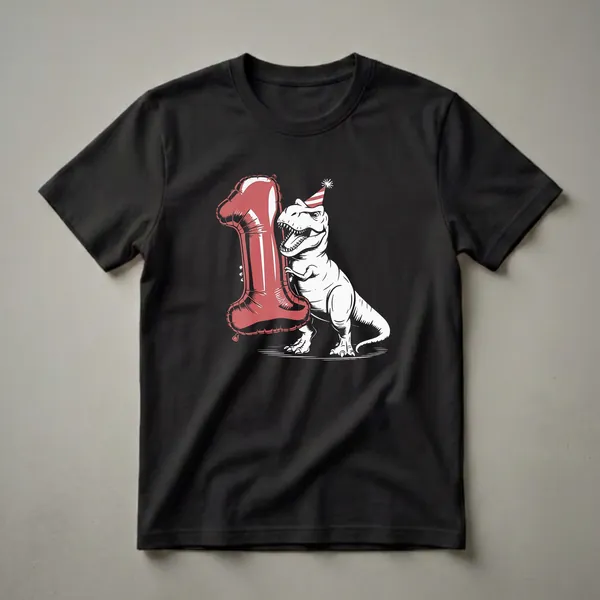 White T-Rex dinosaur wearing a red and white striped party hat, holding a large red balloon shaped like the number one, on a black t-shirt.