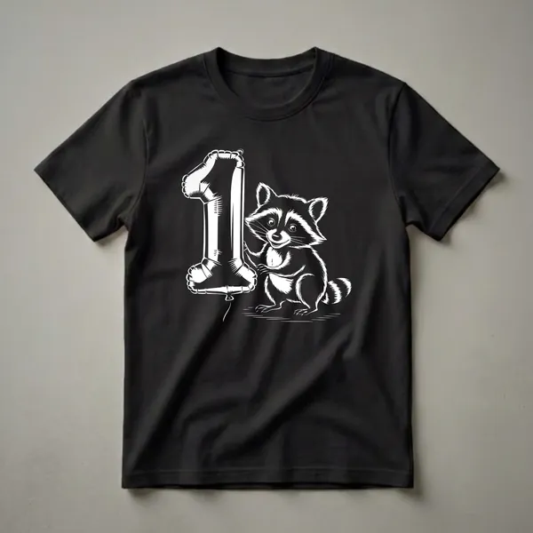 Black and white graphic t-shirt featuring a cute raccoon character holding a large number '1' balloon, designed for a first birthday celebration.